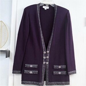 St. John Evening Plum Knit Open-Front Jacket with Embellished Trim Size 8